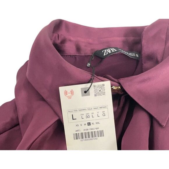 Zara Women Satin Blouse Shirt L Large Red Burgundy Gold button 2138/302 NWT - Picture 7 of 11
